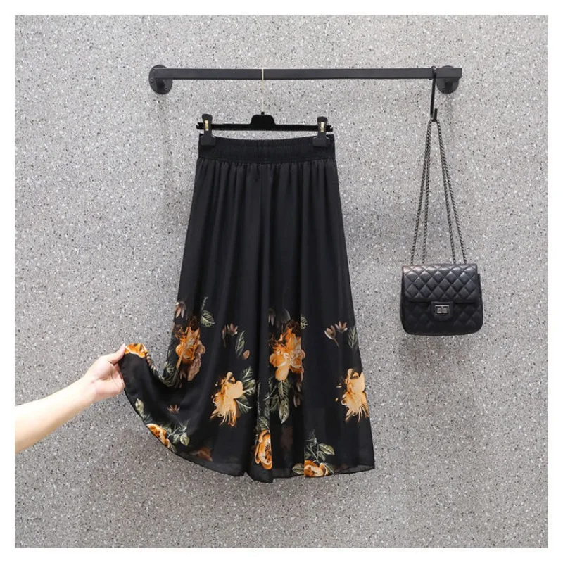 Women\'s Clothing Elastic High Waisted Flowers Rhinestone Printing Thin Pleated Ball Gown Mesh Streetwear Elegant Knee Skirts