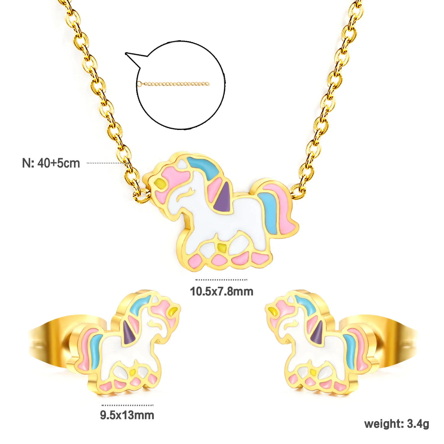 LUXUSTEEL Niche Unicorn Stud Earrings and Necklace Set, Creative Sweet and Cute, Enamel for Girls, Stainless Steel Jewelry Set