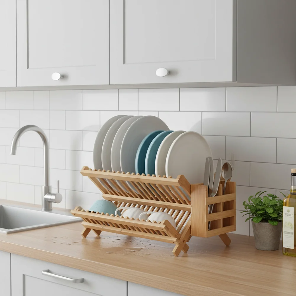 Bamboo 2 Tier Dish Drying Rack with Utensil Holder