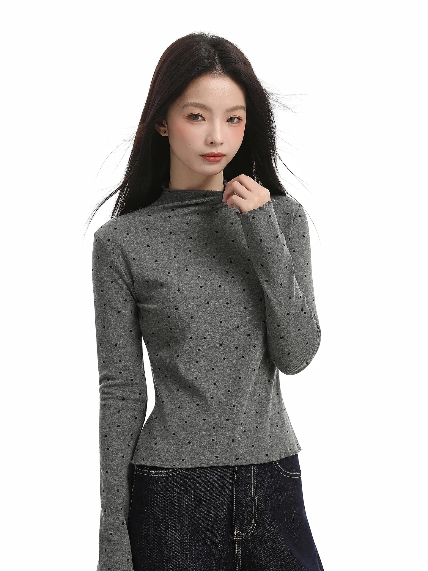 Women's Polka Dot Half High Collar Velvet Base Shirt Autumn Winter Unique Exquisite Inner Wear T-Shirt Sleeve Long Printed