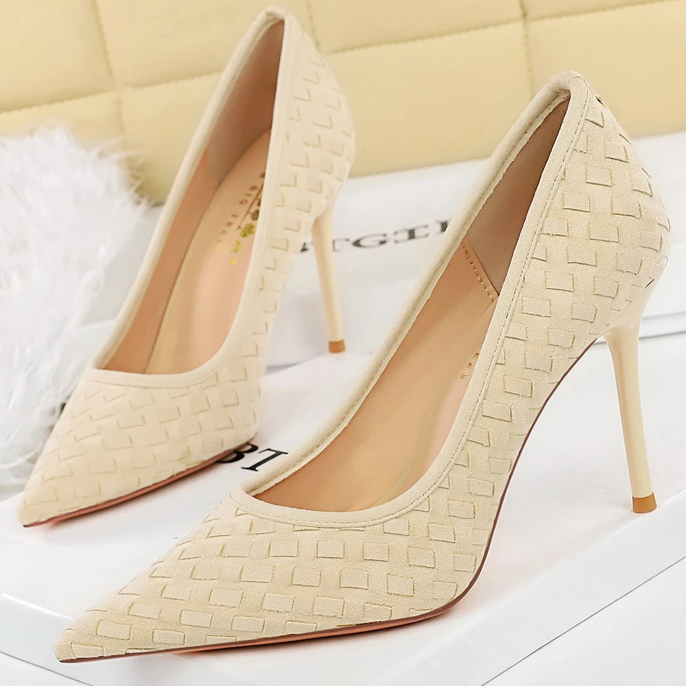 BIGTREE Shoes Grid Suede Design Women Pumps Stiletto 9.5 CM Sexy Party Shoes Pointed Tip High Heels Ladies Shoes Office Shoes