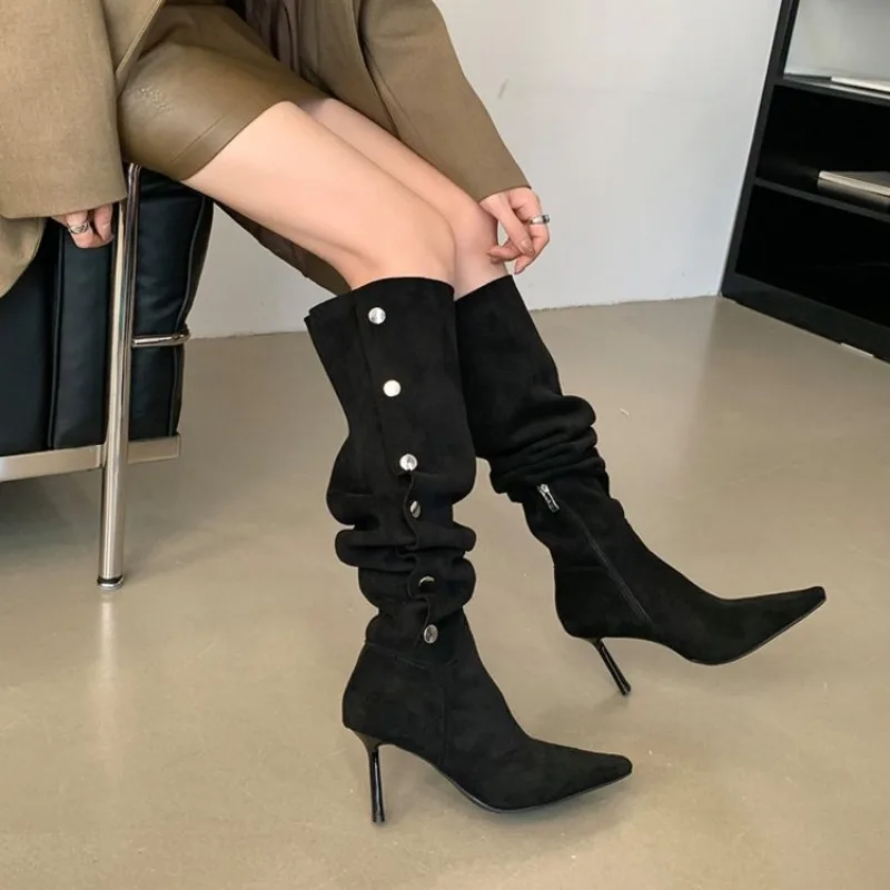 Women's Knee High Boots Pointed Toe High Stiletto Heel Suede Look Fold Over Cuff Slouch Shaft Button Detail Party Dress Shoes