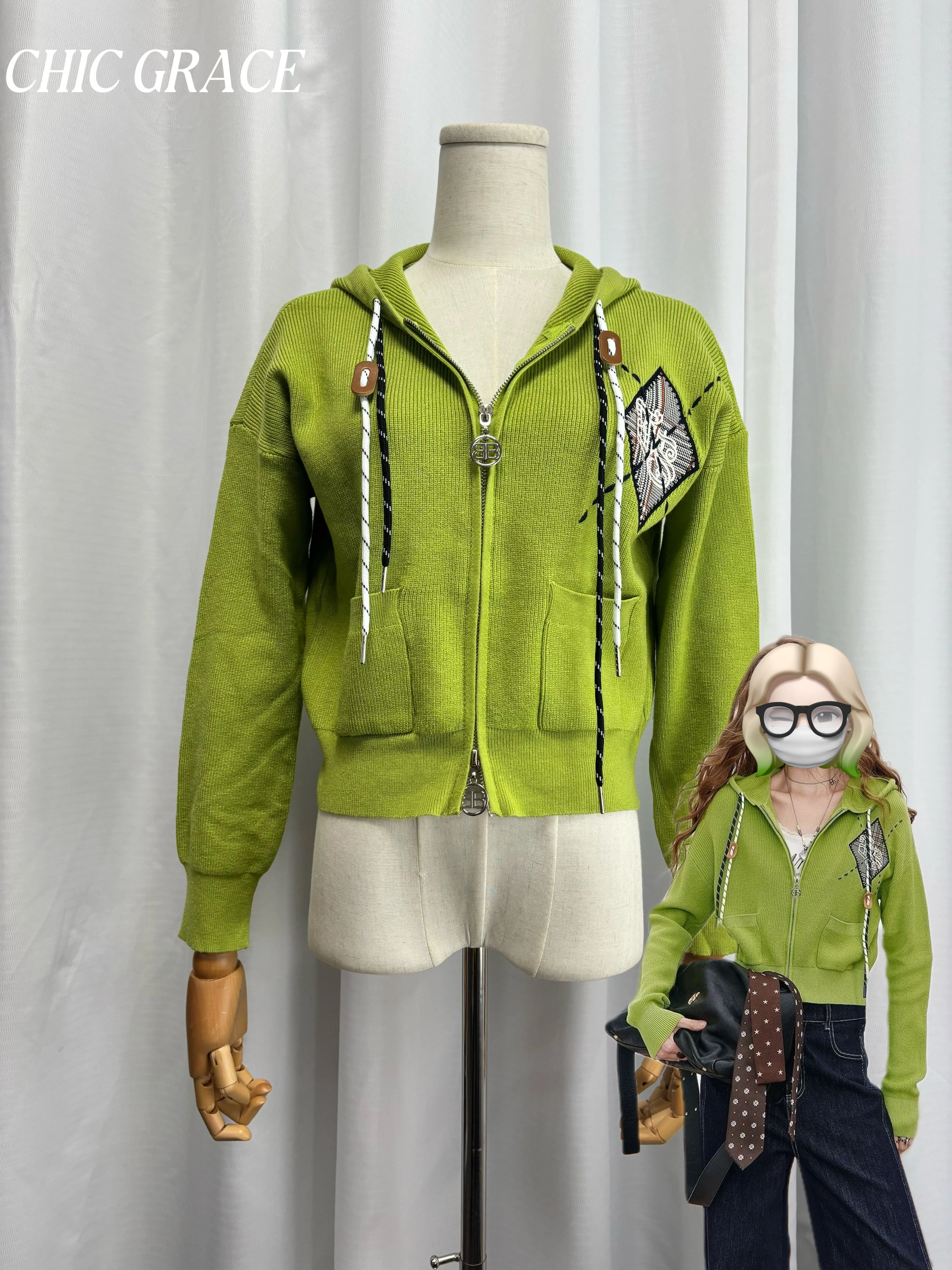 

Real shot 2025 Новый женский вязаный кардиган с капюшоном на молнии, облегающий осенний атмосферный наряд, топ с клетчатой нашивкой - модный Casu