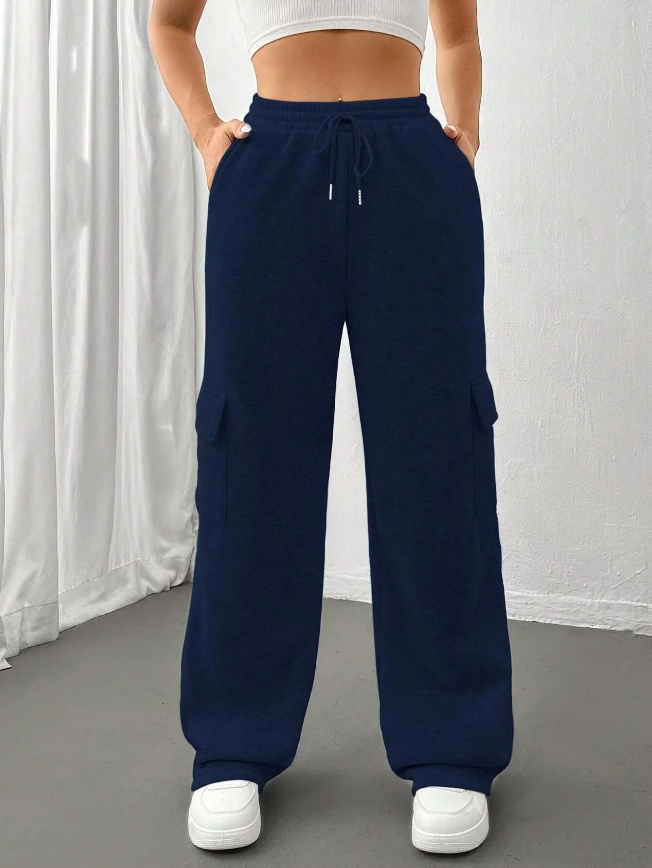 Women's New Autumn and Winter Fashion Side Pocket Solid Color Wide Leg Pants Loose Casual Elastic Waist Straight Leg Pants Y2k