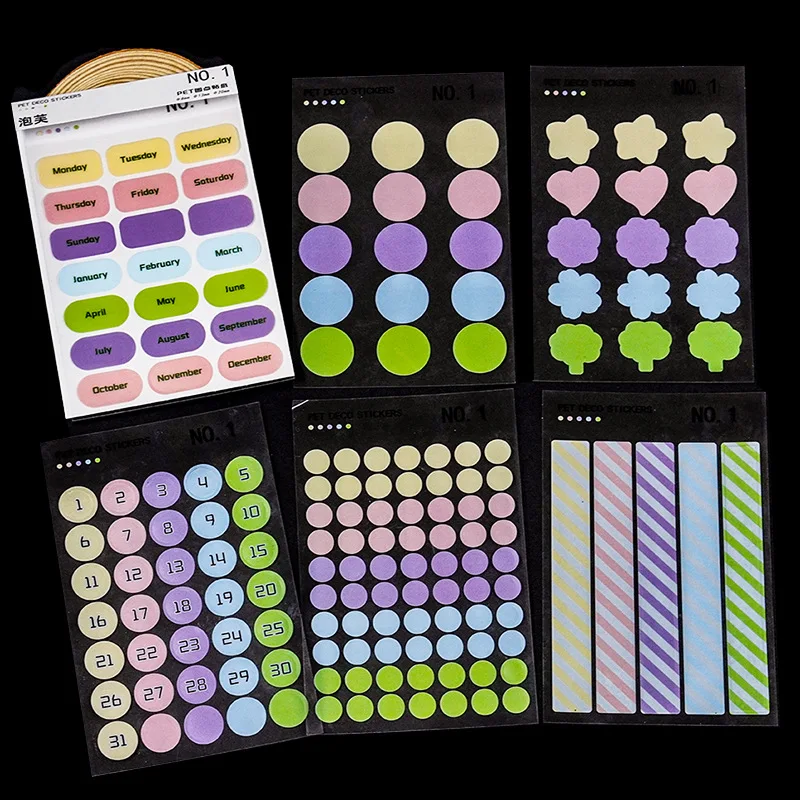 Autocollants décoratifs à pois pour scrapbooking, matériel de licence de journal de base, papeterie, macaron, bonbons, document, bricolage, animal de compagnie, 6 pièces