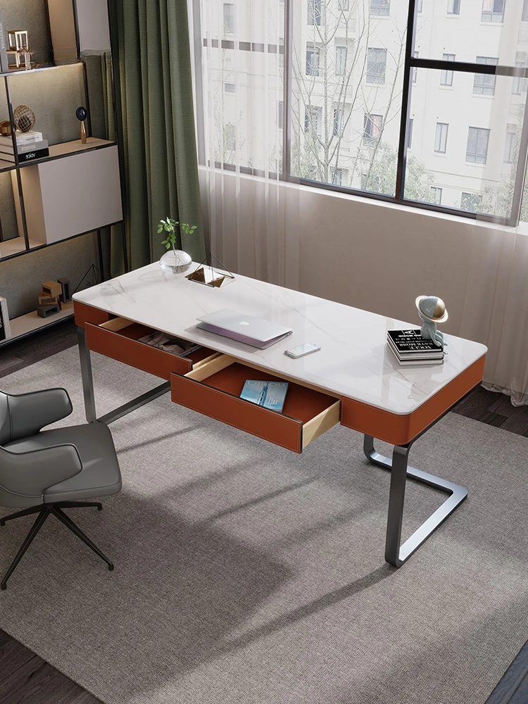 

Italian saddle leather study desk, modern home small apartment desk, light luxury, minimalist rock slab office computer desk