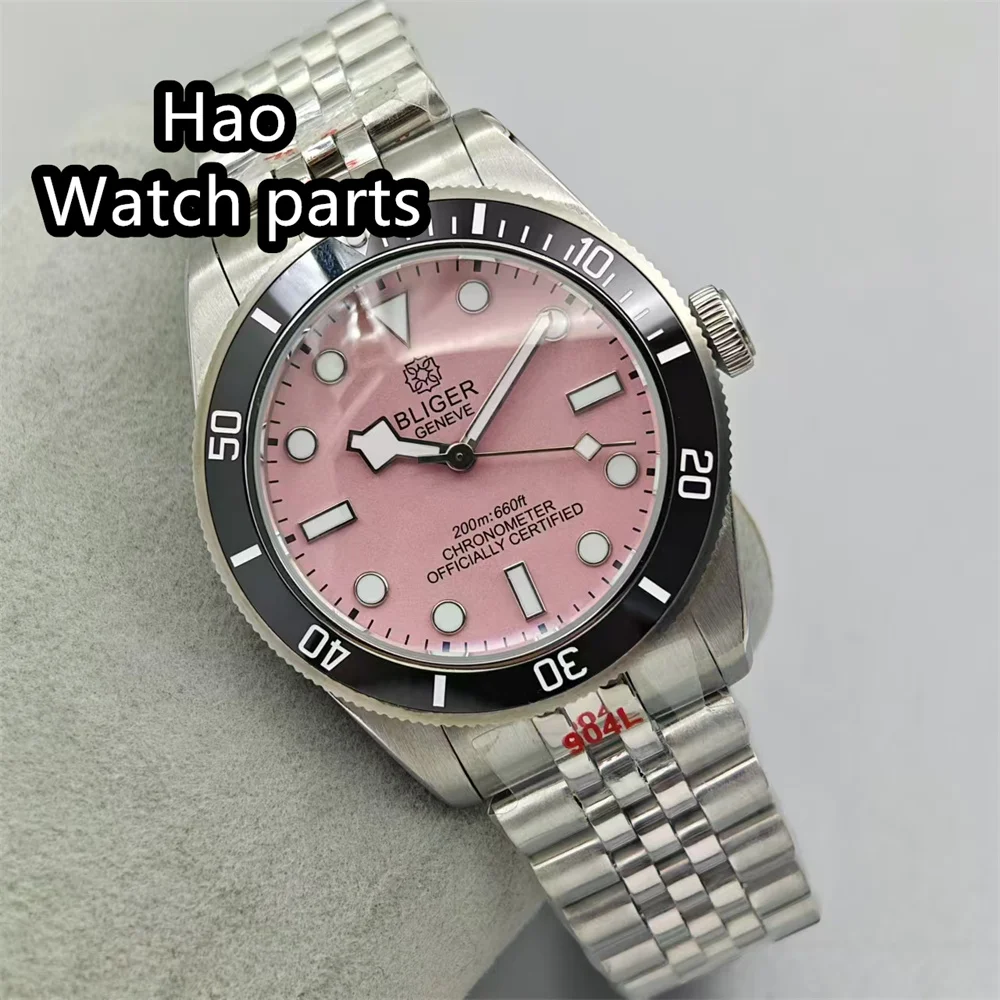 BLIGER 39mm Sterile NH35A PT5000 Men Watch Domed Sapphire Crystal Ceramics Bezel Pink Dial Green Luminous Automatic Wristwatch