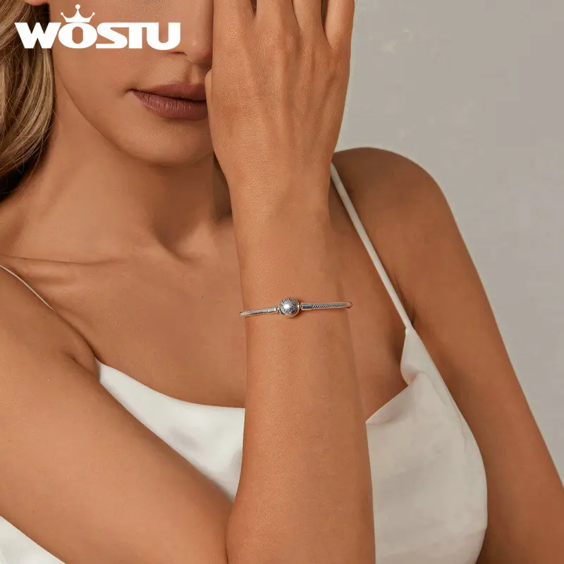 WOSTU 925 Sterling Silver Forever Love Children Basic Bracelet with CZ White Gold Plated for Women Date Party Fine Jewelry Gift