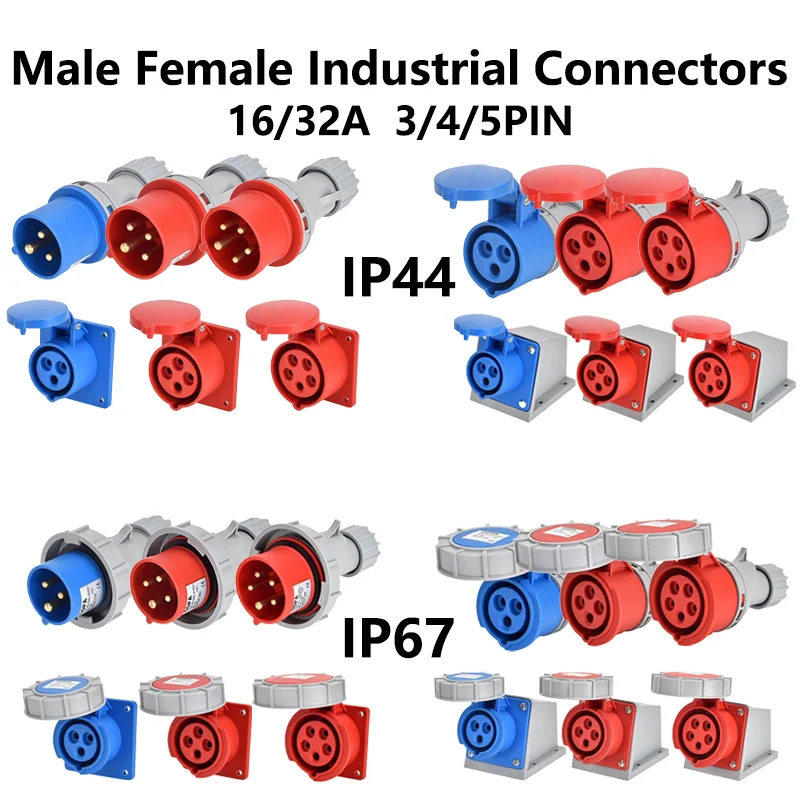 16/32A 3P/4P/5Pin Industrial Plug and Socket Electrical Connector IP44 IP67 Wall Mounted Socket Male&Female Plug