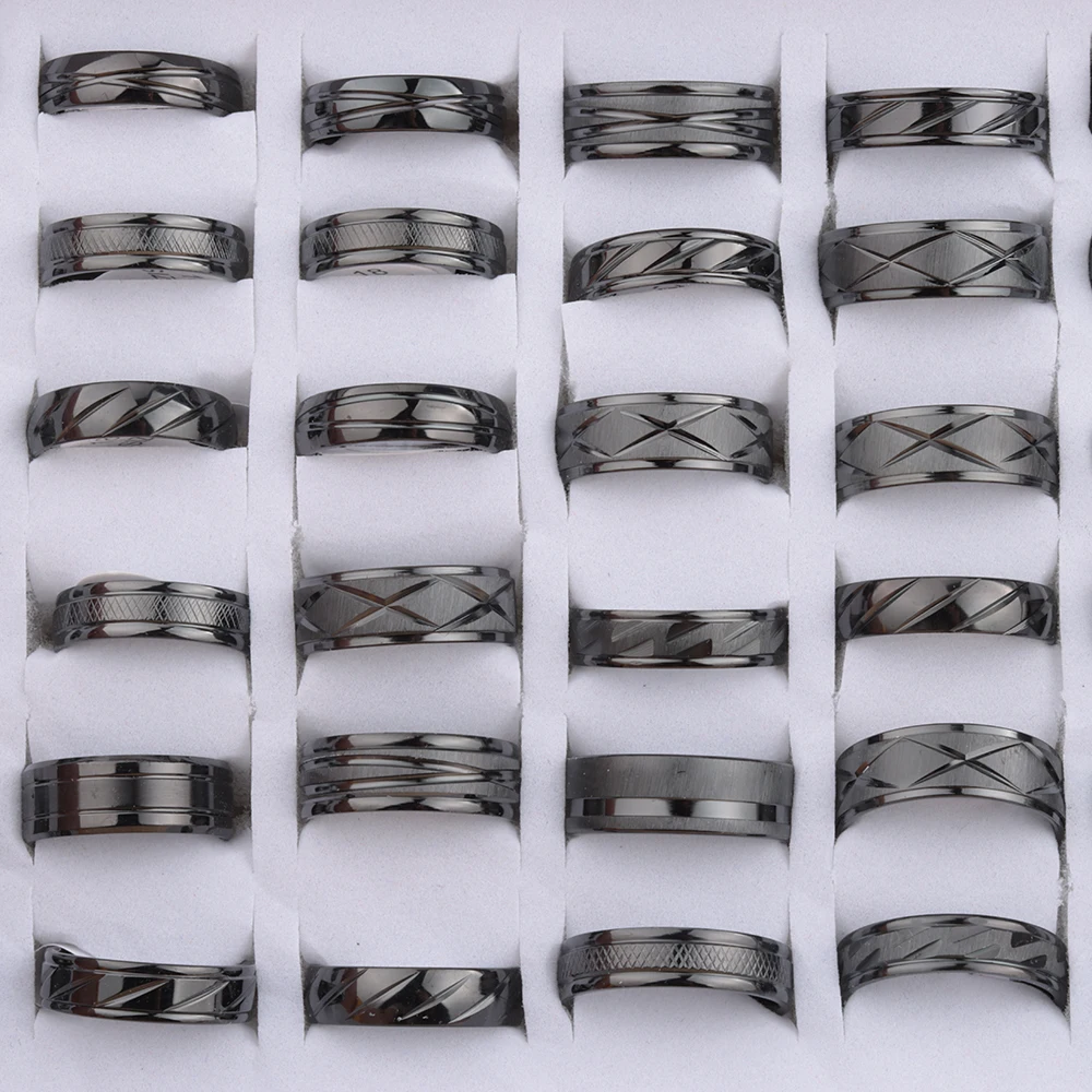 24Pcs/Lot Fashion Classic Stripe Stainless Steel Rings For Men Women Simple Multi Style Wholesale Jewelry Gifts