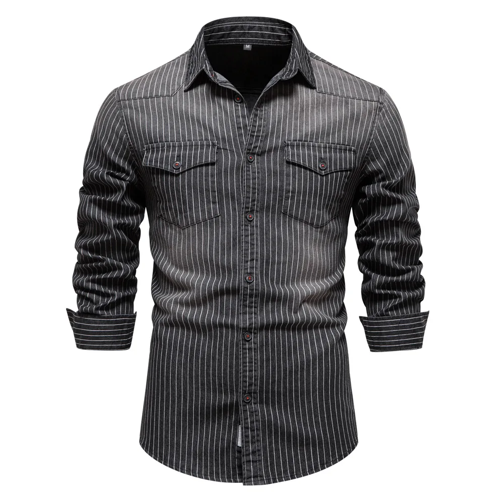 Camisas de mezclilla de algodón para hombre, camisa de mezclilla elástica a rayas de manga larga negra, blusas vaqueras delgadas informales de