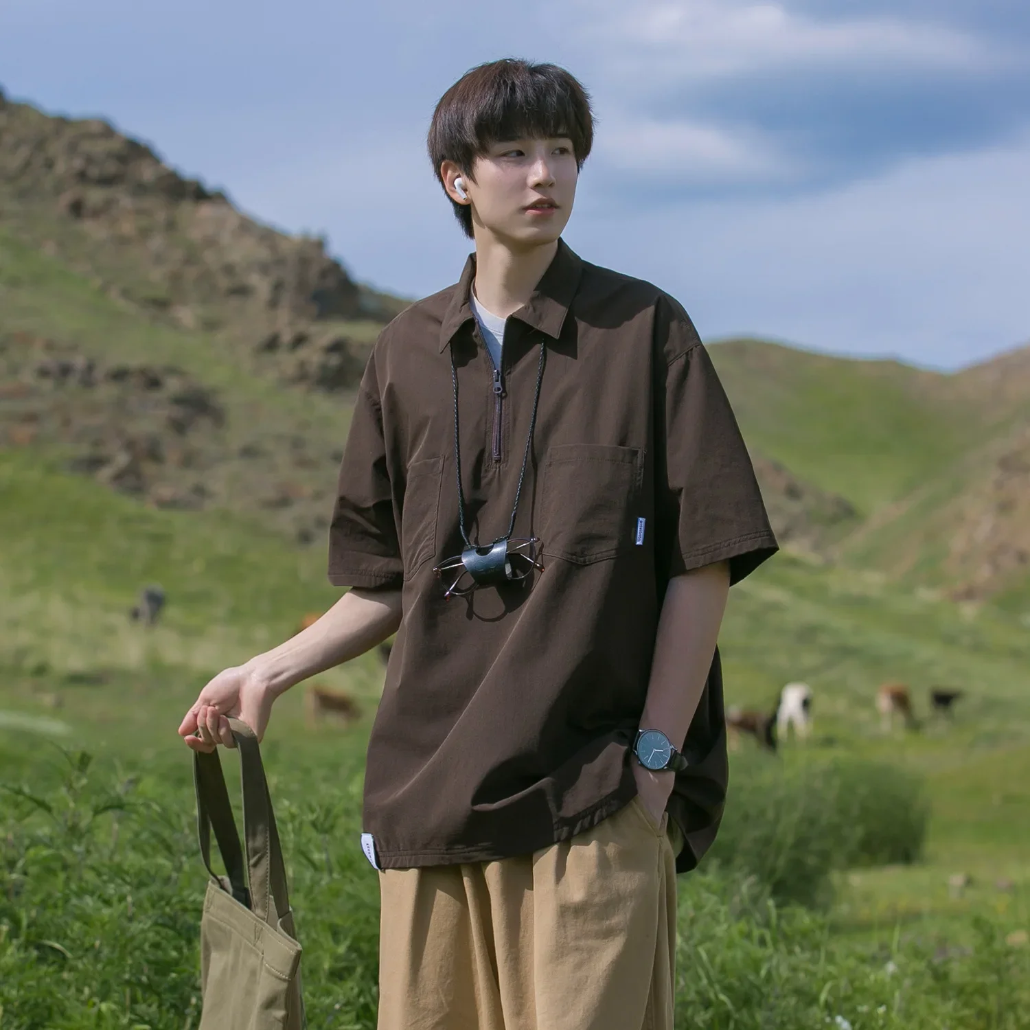 

Vintage Half Zip Shirt for Men Japanese Vintage Polo Neck T-shirt Loose Casual Work Shirt with Half Sleeves Men Clothing Shirt