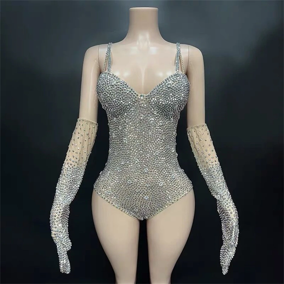 

Luxury Shining Diamonds Rhinestones Apricot Color Sexy Sling Bodysuit Celebrate Birthday Evening Party Costume High Quality