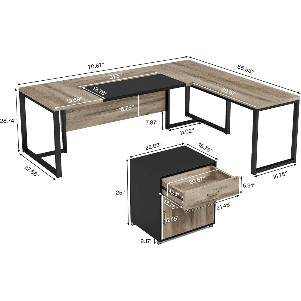 70.8-inch L-shaped Office Furniture Set with Drawer Cabinet and Independent Filing Cabinet, Business Furniture Set, Retro Gray