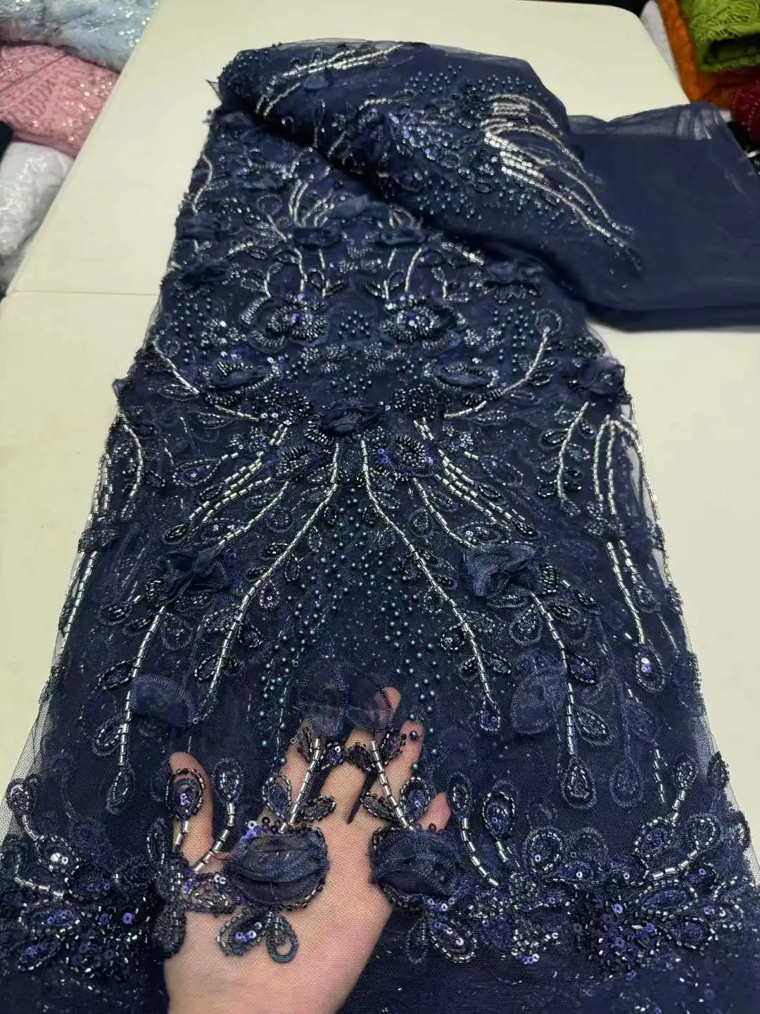 

Tulle With 3d Flowers High Quality Nigerian Party Beaded Lace Fabrics 2025 Bridal Party Sequins Lace For Sewing Dress Wedding