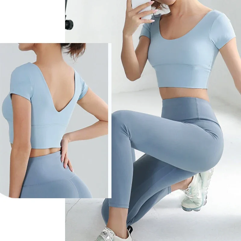 PofyBofy Sports Short Sleeve Crop Bra with Build-in Cup Yoga Crop Top Scoop Neck Gym Crops Low Back Running Bras Fitness Crop