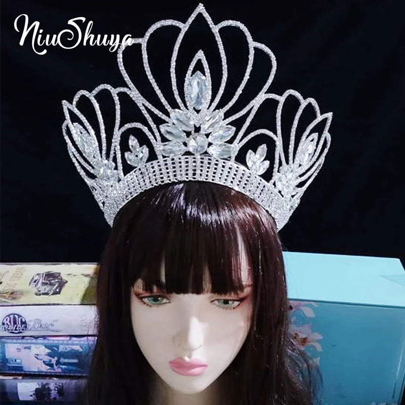 

NiuShuya Miss Earth Round Large Crown Crsytal Flower Rhinestone Big Tiaras Bride Tiaras Wedding Hair Accessories