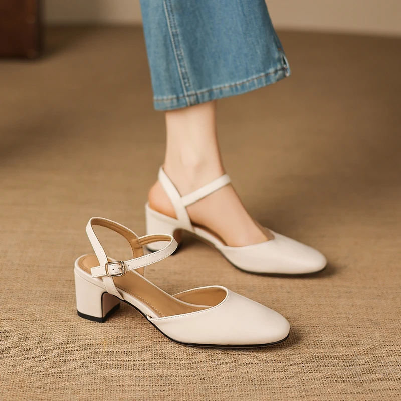 

Women's new leather cowhide round toe thick heel high-heeled toe metal elastic band Mueller shoes breathable fashion sandals