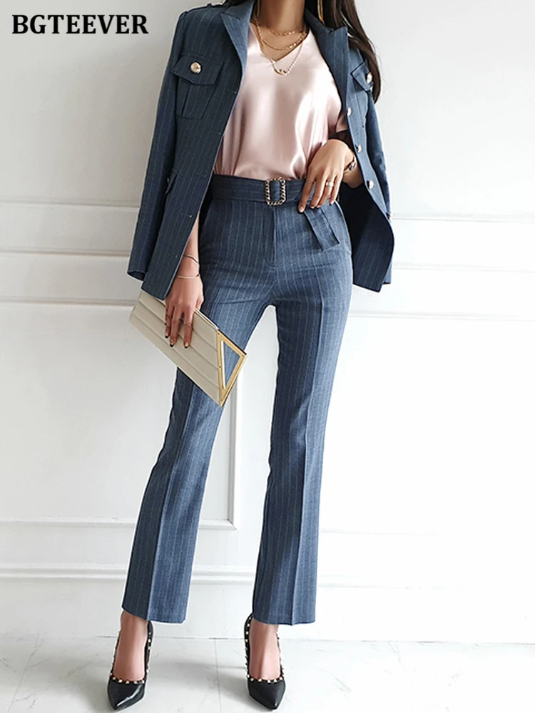 BGTEEVER Elegant Women Striped Trousers Suits Full Sleeve Belted Single-breasted Jackets & High Waist Pants Spring Ladies Outfit