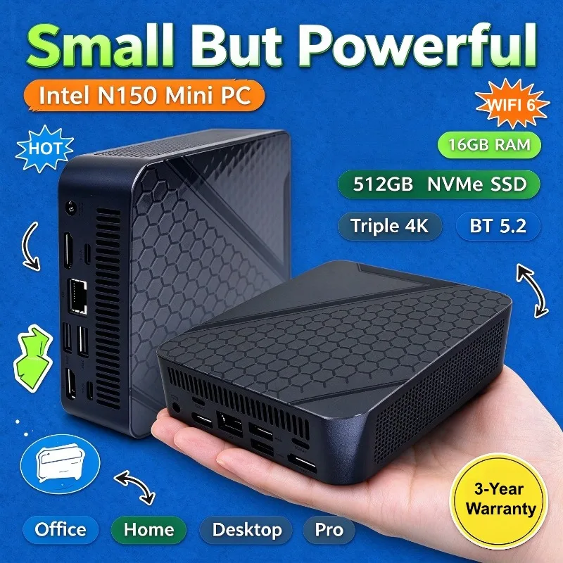 Mini PC 2026 Intel N150 16GB M2 NVMe SSD 512GB Triple 4K WiFi6 BT52 Silent Cooling Office Home Desktop Pro Ultra New Slim HD PC