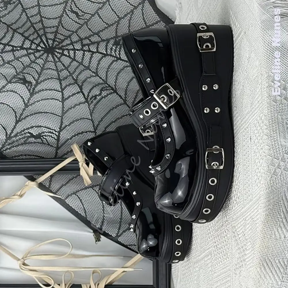

Belt Buckle Platform Mary Jane Shoes Women Punk Rivet One Word Belt Lolita Black Leather Shoes Spring New Hotties Hollow Pumps