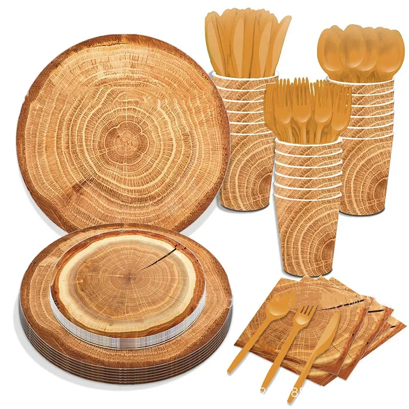 Funny 8pcs Wood Grain Tableware Disposable Tableware Paper Cup Plate Napkins Wood Spoon Happy Woodland Birthday