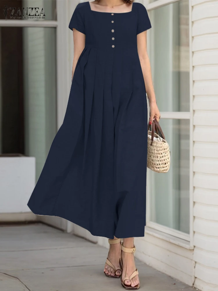 ZANZEA Mode Zomer Vierkante Hals Korte Mouw Jurk 2025 Vrouwen Elegante Partij Midi Zonnejurk Kaftan Casual Solid OL Werk vestidos