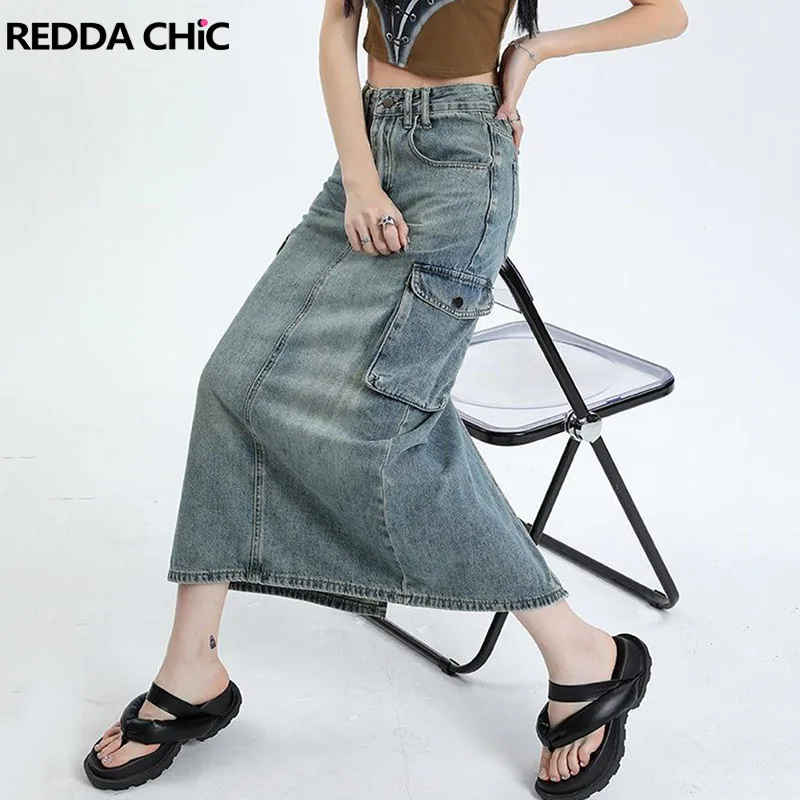 

REDDACHiC Vintage Y2k Cargo Skirt for Women Back Split High Rise Casual Loose Maxi Long Denim Skirt Blue Jean Bottoms Streetwear