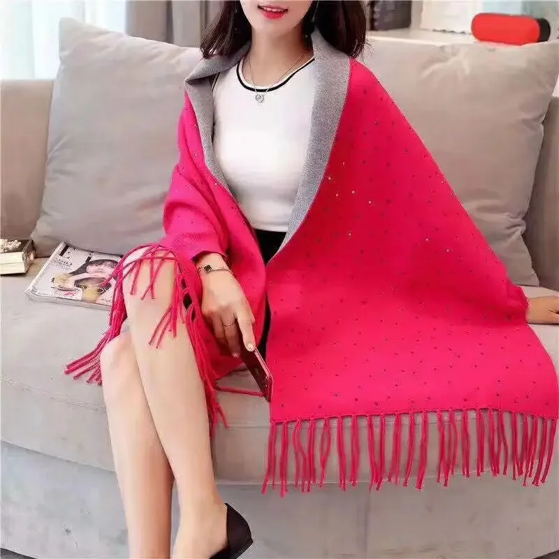 Capa de gran tamaño con cuentas de cristal para mujer, chal de punto de invierno, Poncho, abrigo brillante de manga larga, regalo, 10 colores