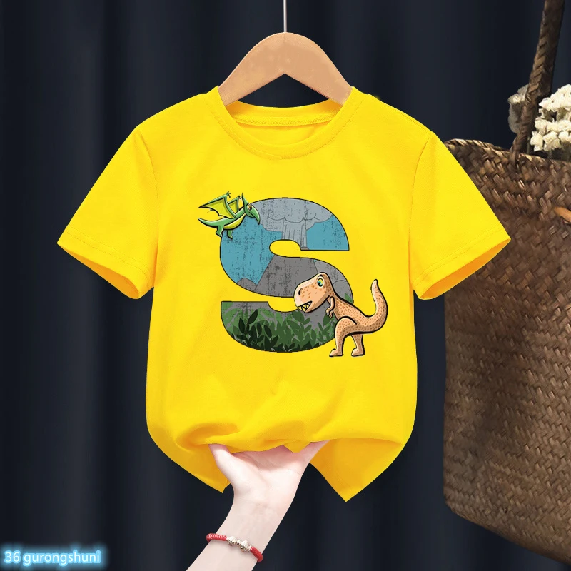 Nova venda quente meninos camiseta dinossauro alfabeto aniversário impressão para crianças festa de aniversário roupas moda meninos roupas crianças camisa topos