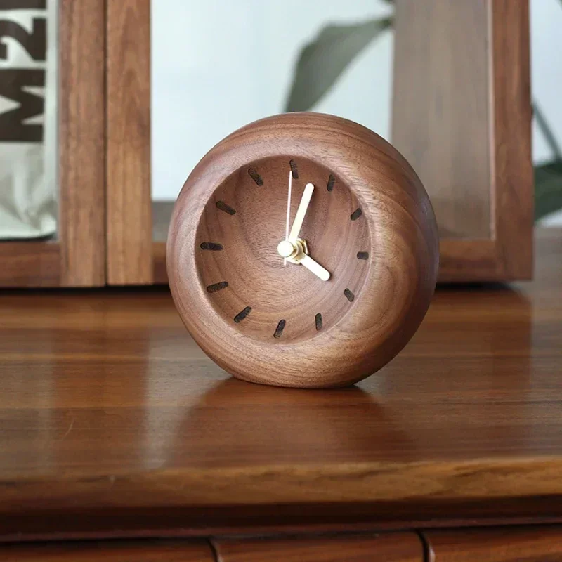 Silent Desk Clock Black Walnut Timepiece Circular Creative Watch for Bedroom Unique Decorative Table Clock for Home Office
