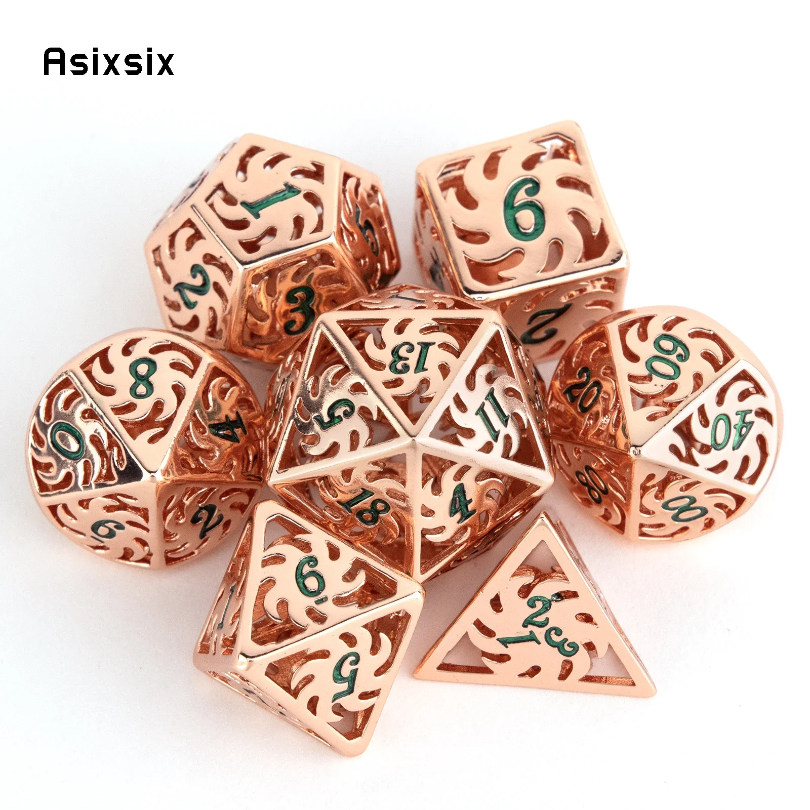 

7 Pcs Copper Green Windmill Metal Dice Hollow Metal Polyhedral Dice Set Suitable for Role-Playing RPG Board Game Gift