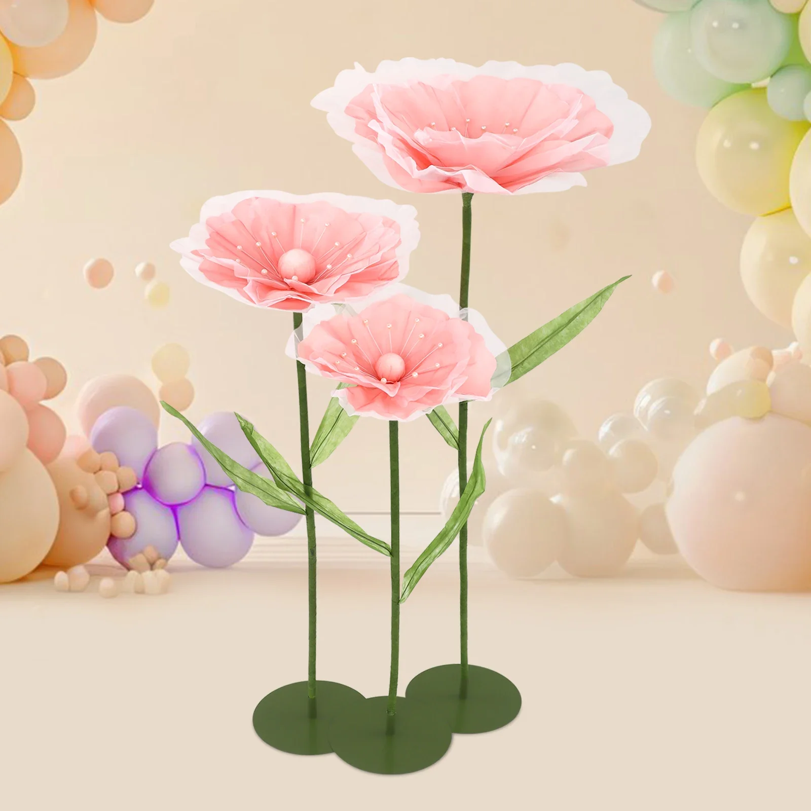 

3Pcs Wedding Fake Artificial Flowers Light Pink with Green Base, Iron Base Wedding Stage Decoration, for Wedding