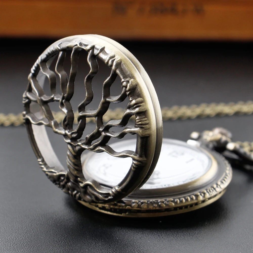 Vintage Exquisite Tree Pattern Hollow Design Quartz Pocket Watch Necklace Pendant Gifts For Man with Fob Chain