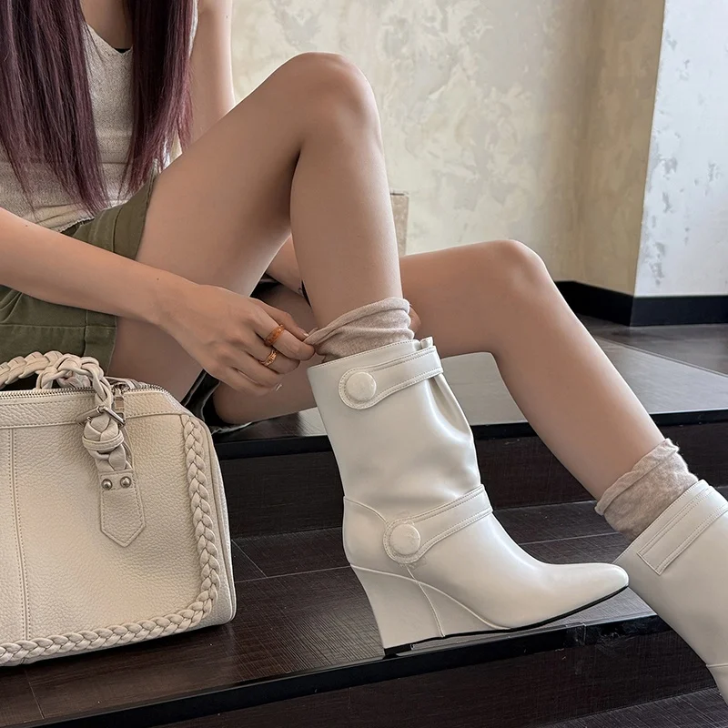 MKKHOU Fashion Short Boots Women's New High Quality Leather Boots Pointed Slope Heel Boots Commuter Women's Boots