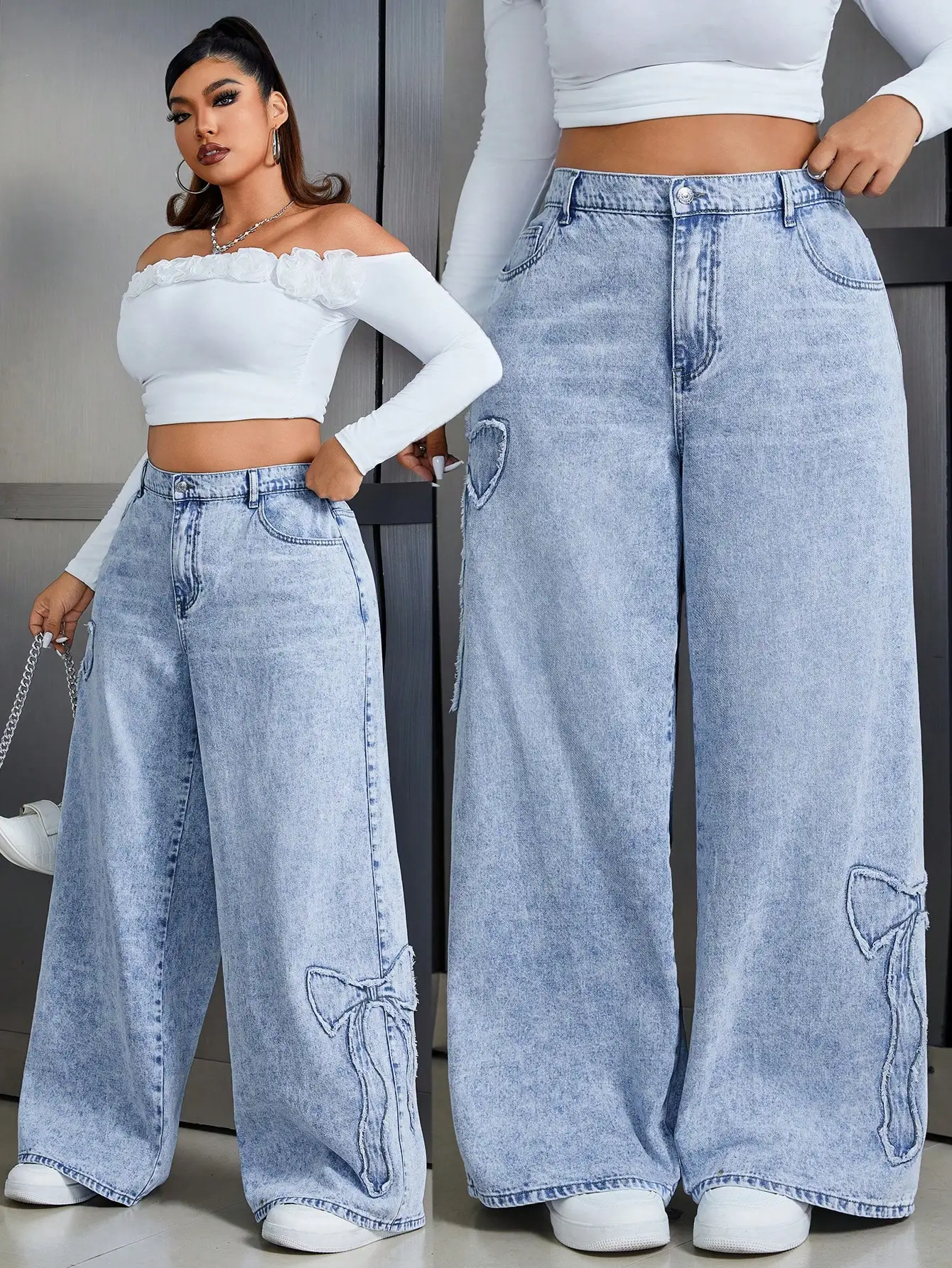 

Джинсы с широкими штанинами больших размеров с бантом и рваным краем, светло-голубой деним