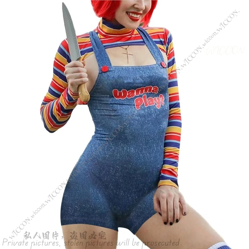 Assustador pesadelo halloween cos traje feminino assassino quer jogar filme personagem bodysuit chucky sexy uniforme conjunto festa de halloween