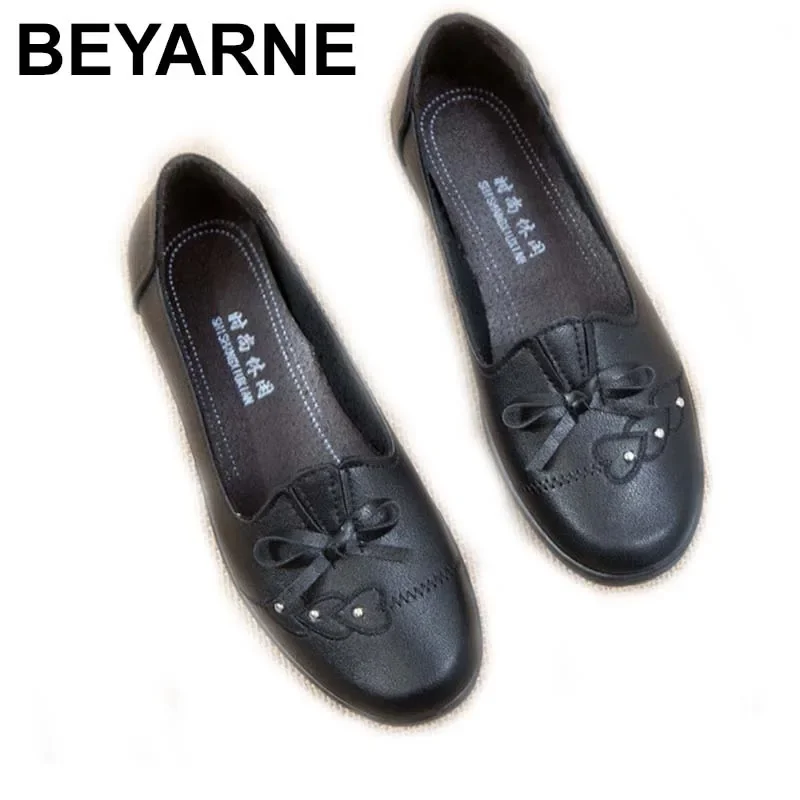 BEYARNE Big size 35-41 new women flat shoes round toe butterfly-knot PU leather shoes woman casual moccasins without lace Oxford