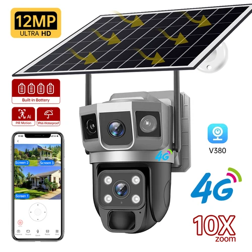 Cámara Solar de 12MP, tarjeta Sim 4G, lente Dual, cámaras de tres pantallas, seguimiento humano PIR, batería de baja potencia, protección de seguridad CCTV V380