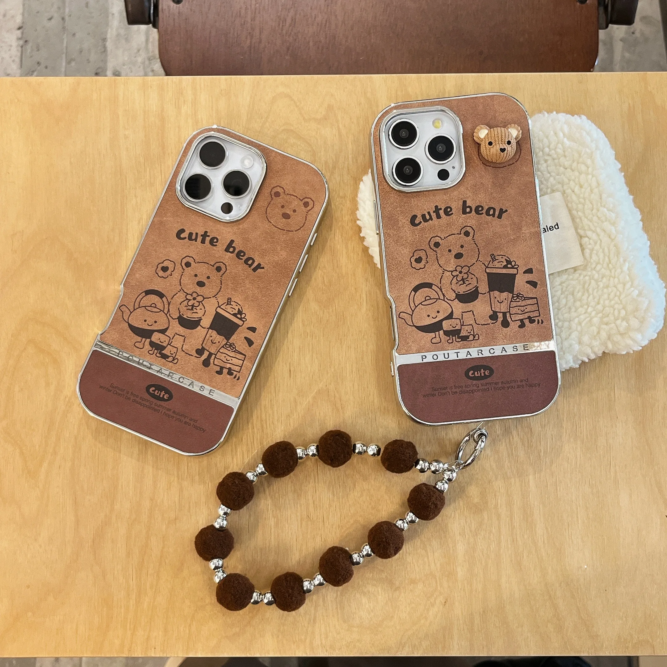 Fashion INS Splicing Suede Texture Little Bear with Wrist Chain Phone Case for iPhone 16 15 14 13 Pro Max Back Phone Cover Capa