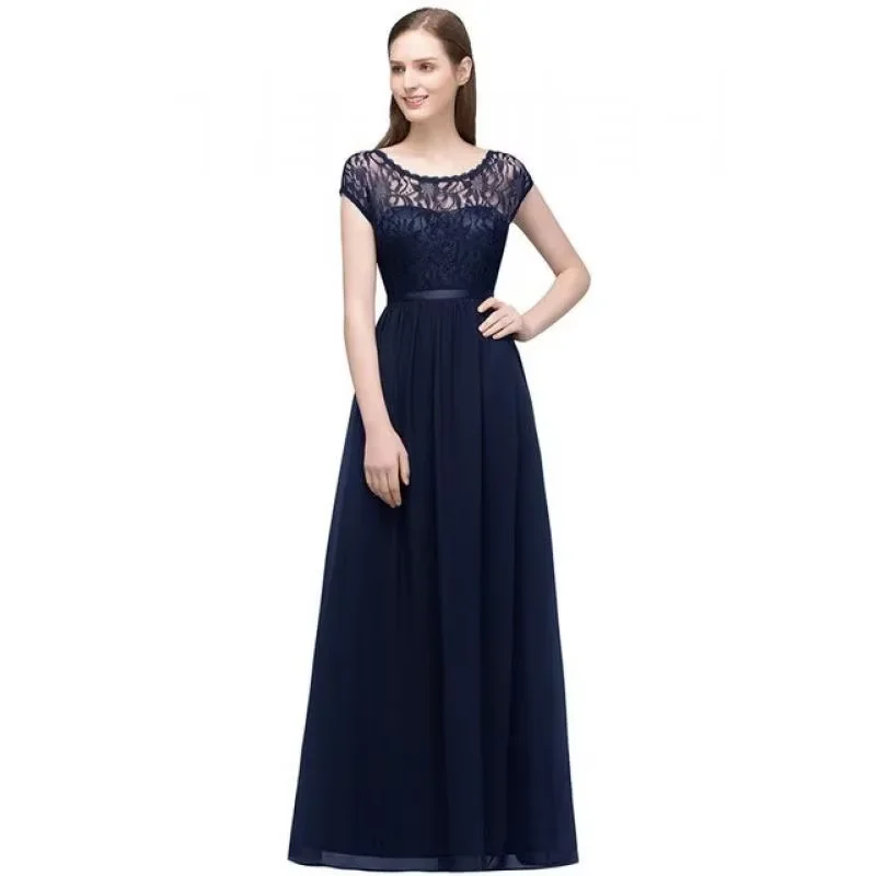 

Navy Blue Evening Dresses with Floral Lace Bodice & Flowy Floor-Length Skirt, Elegant Cap Sleeve Gown for Wedding Party CPS831
