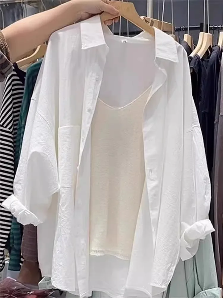 

Loose Women's White Shirt Jacket Spring Autumn 2025 New Style Lazy Style Open Cardigan Blouse Breathable Comfortable Long Sleeve
