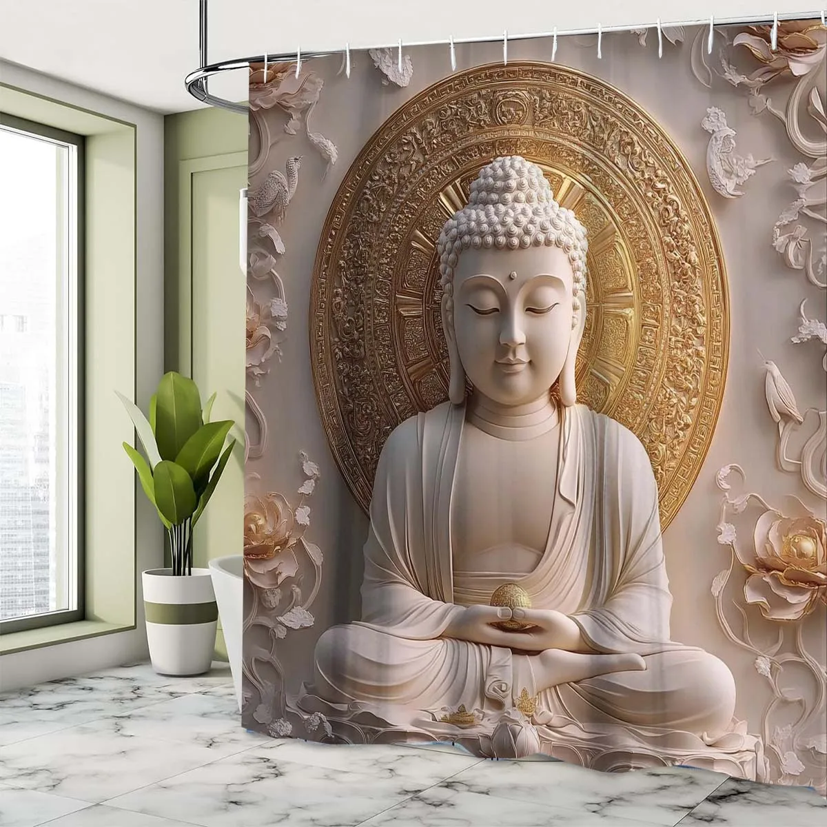 1pc Buddha design bathroom partition-polyester, machine washable, with hook, spiritual and religious theme shower curtain