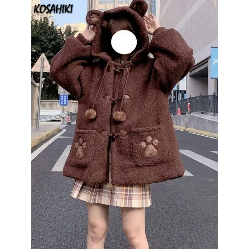 KOSAHIKI Japanese Style Autumn Winter Women Sweet Lamb Wool Jacket Kawaii Soft Bear Ears Hooded Coats Girls New Cute Outwear