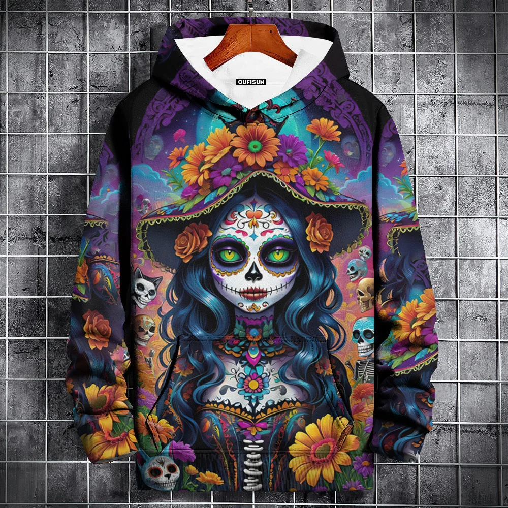 Men\'s Hoodie 3d Skulls Print Hooded Sweatshirt Fashion Street Day Of The Dead Clothing Long Sleeve Top Oversized Pullover