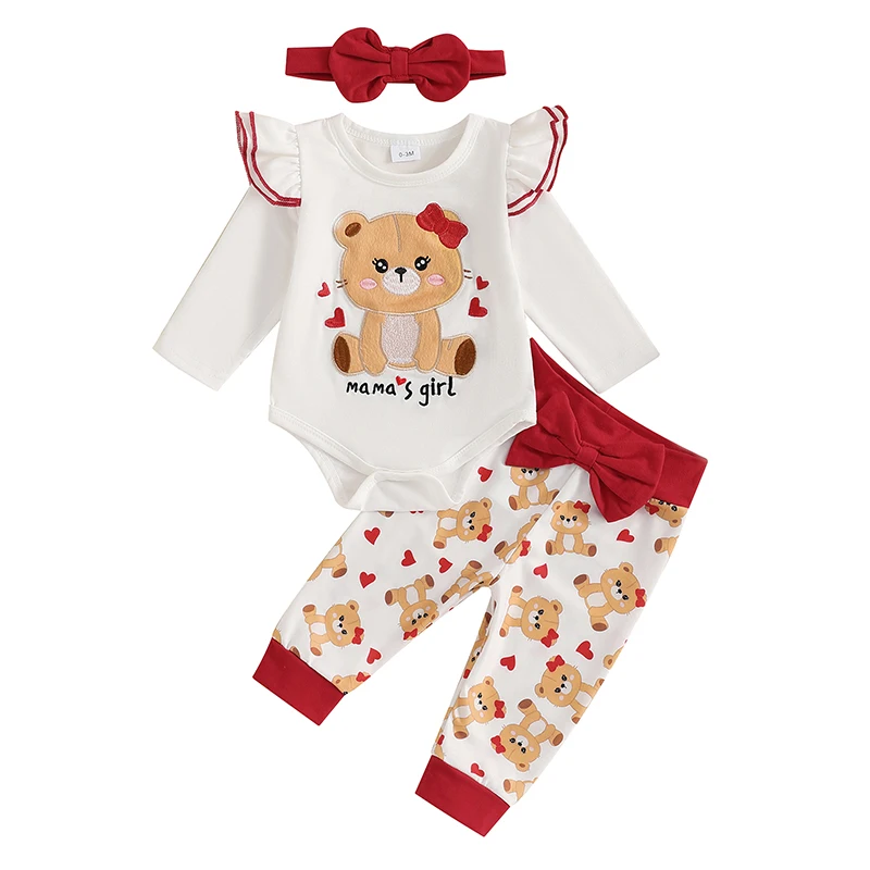 

Baby Girl Fall Outfits Bear Embroidery Long Sleeve Romper Long Pants Headband 3Pcs Clothes Set