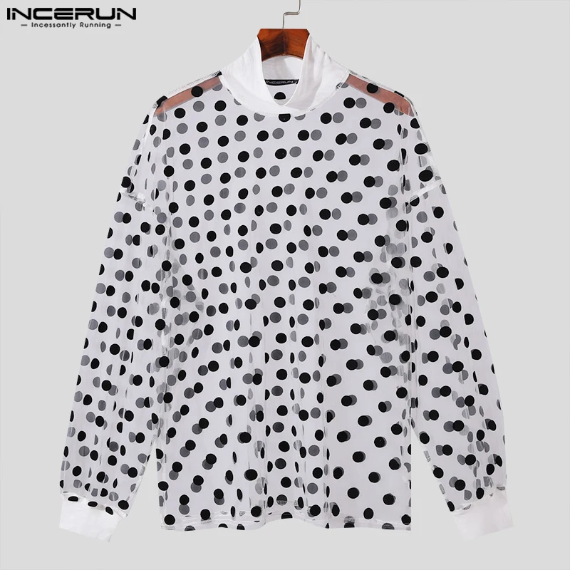 INCERUN Tops 2024 Sexy Men\'s Polka Dot See-through Mesh T-shirt Sexy Clubwear Half High Collar Bishop Long Sleeve Camiseta S-5XL