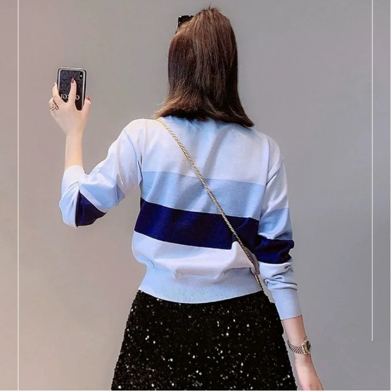 Women's Cardigan Button Printing Spring and Autumn Office Lady Round Neck Long Sleeve Striped Cartoon Embroidery Sweater Coat