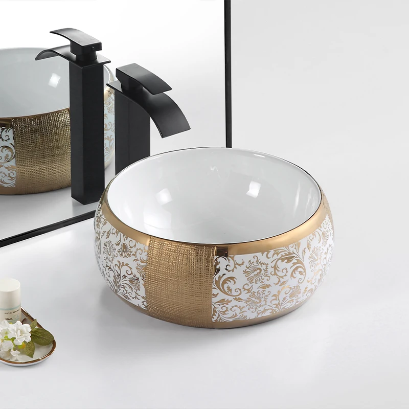 Phoenix Tail Gold White Plating Modern Artificial Stone Countertop Bathroom Basin With Water Resistant And Eco-Friendly Features