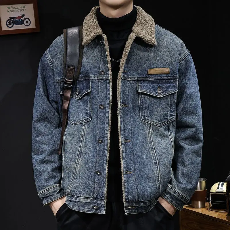 سترة صوف خروف عتيقة ملابس عمل مبطنة بالصوف معطف شتوي من القطن سترة سميكة دافئة من قماش الدنيم